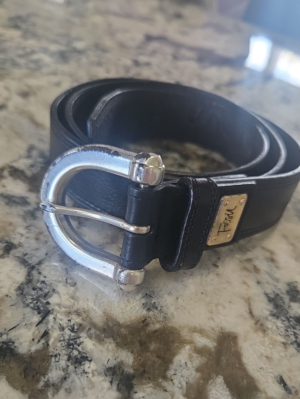 Fossil Black Leather Men's Belt with Silver Buckle